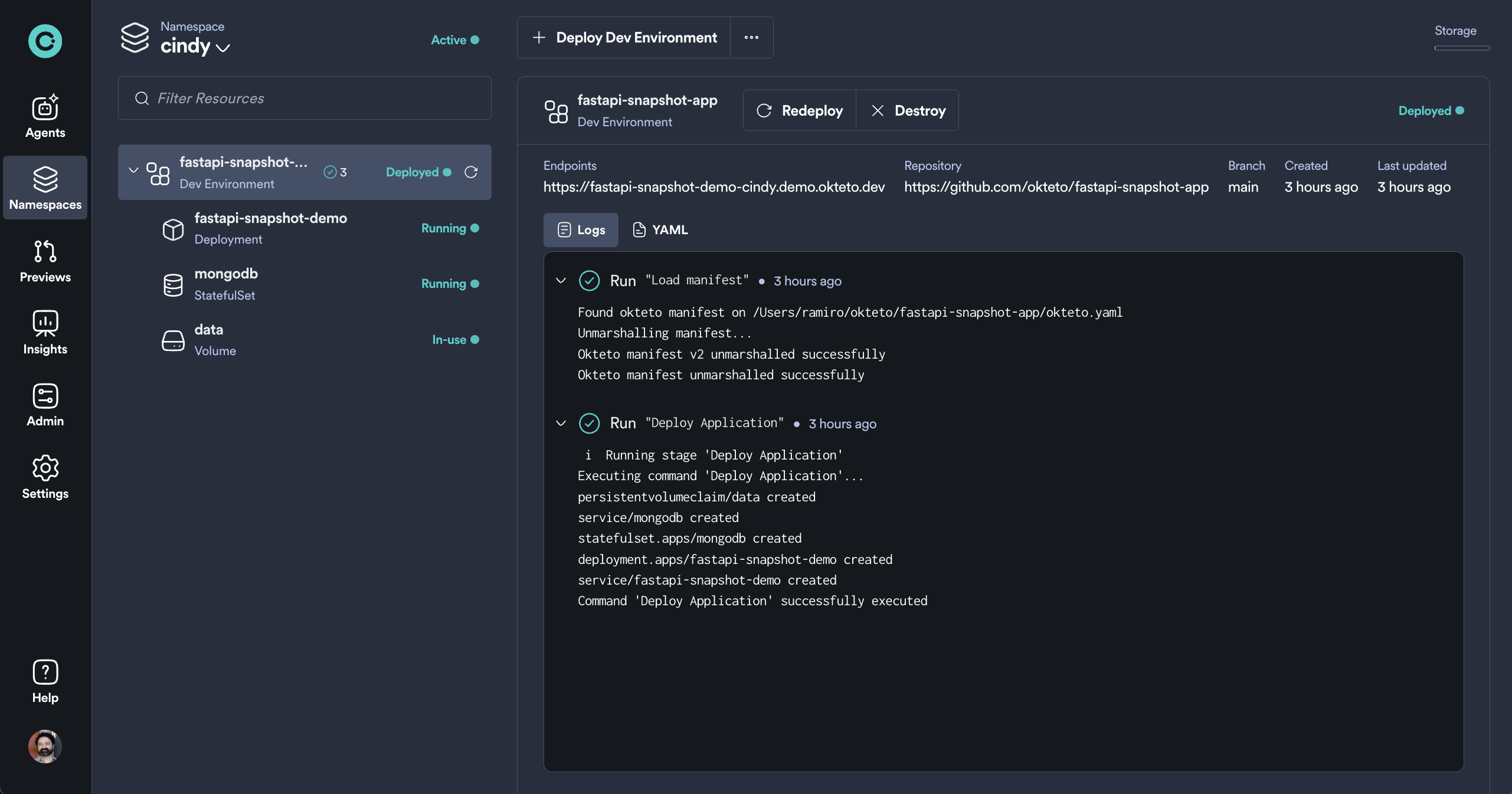 Okteto dashboard showing the fastapi-snapshot-app deployment with MongoDB, StatefulSet, and deployment logs